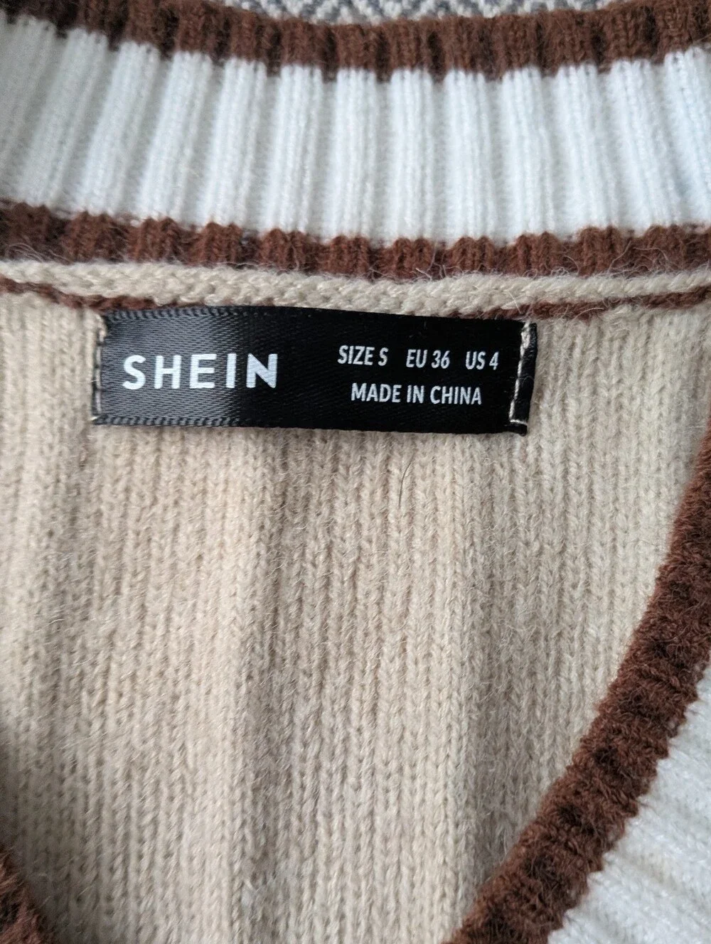 Beige and Brown Rib Knit Sweater with Striped Sleeve size S- Collegiate Academia